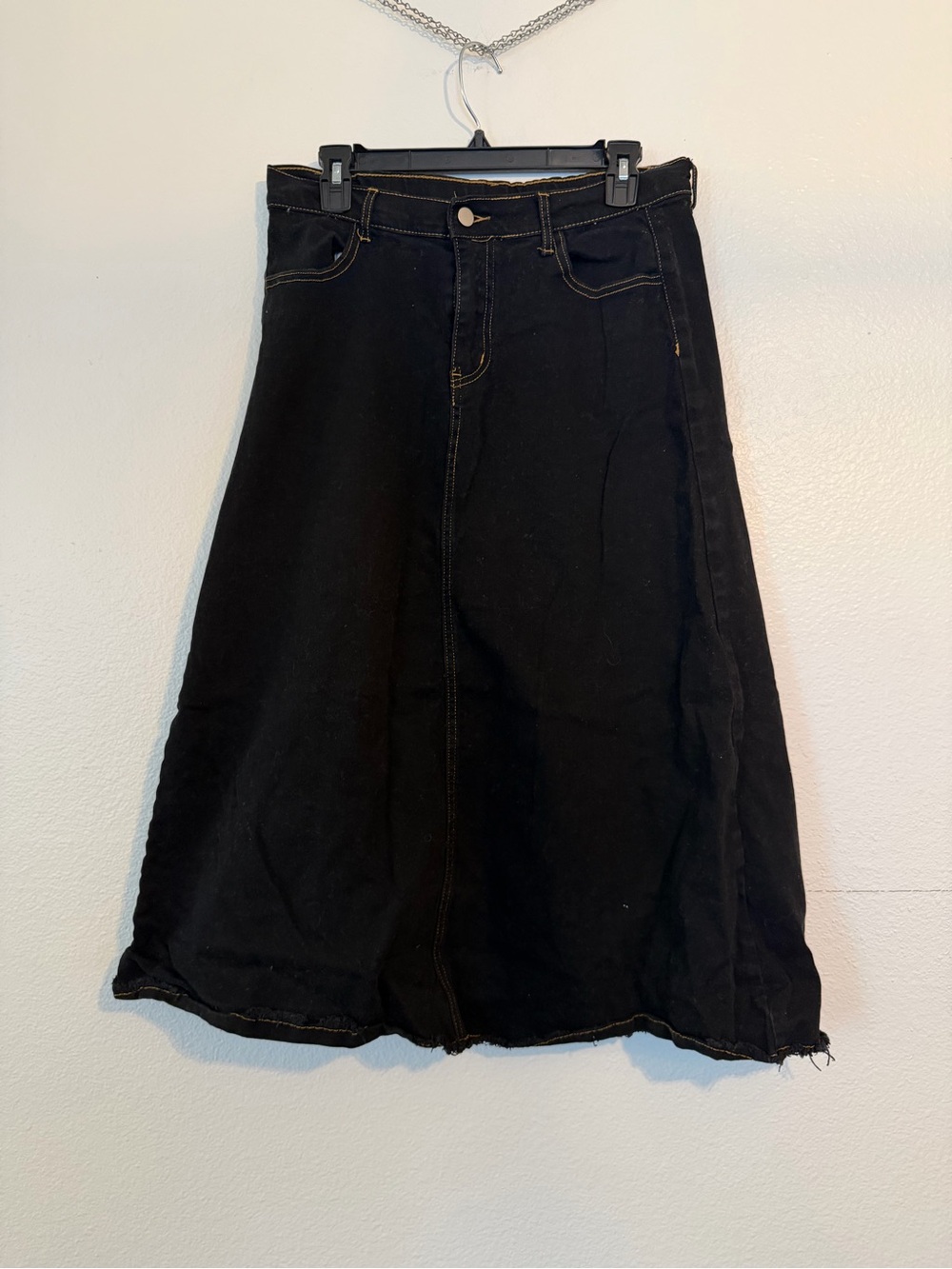 Classic Black A-Line Denim Midi Skirt with Contrast Stitching